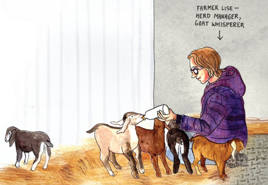 A hand-drawn illustration shows a person in a purple hoodie feeding several small goats from a bottle, with one goat standing nearby. Handwritten text at the top reads, 'FARMER LISE - HERD MANAGER, GOAT WHISPERER' with an arrow pointing to the person.